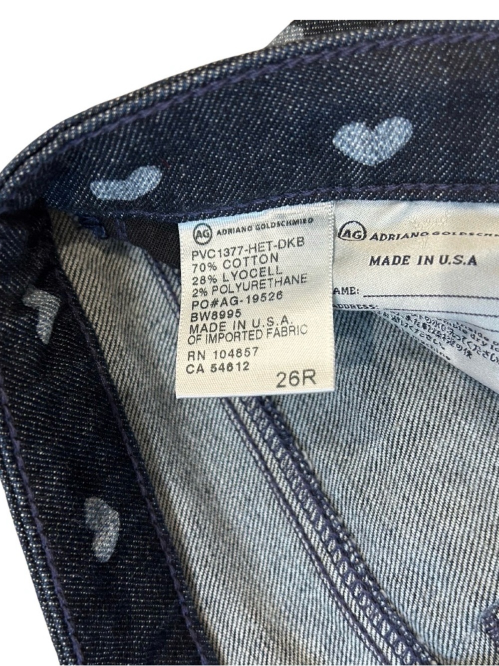 AG The Stevie Slim Straight Ankle Jeans | Dark Blue Heart Print | Size 26 | NWOT - Picture 6 of 6